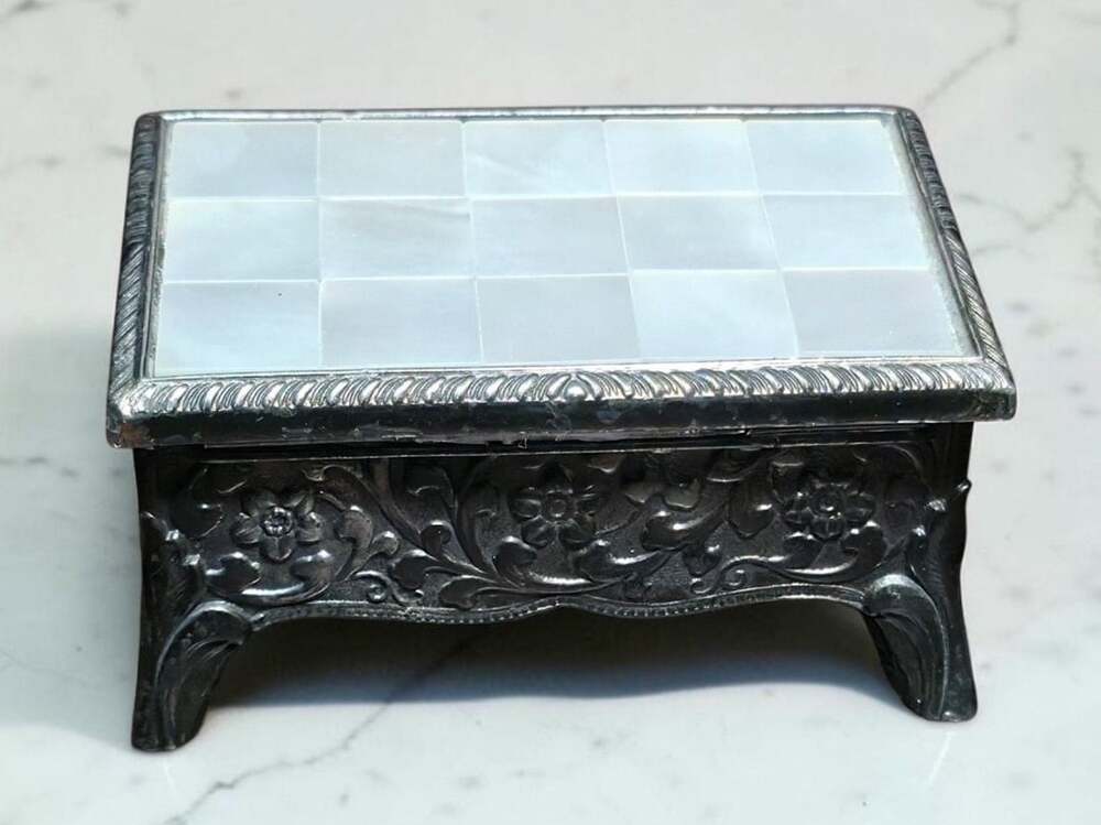 Vintage Footed Metal Jewelry Trinket Box Silver Tone Red Velvet Lined Japan